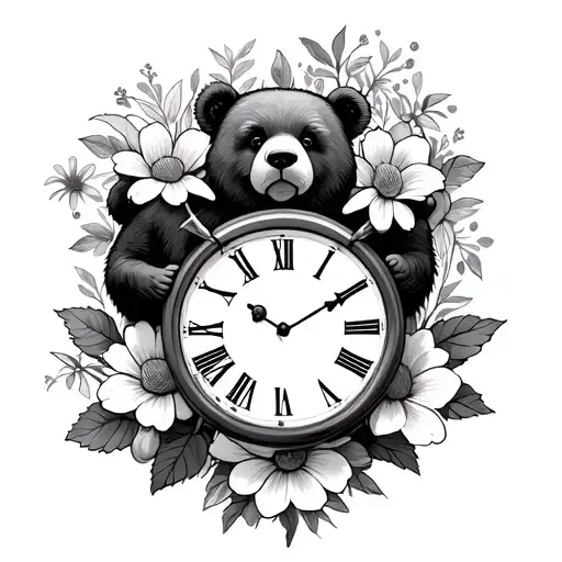 Flowers And 3 Clocks And Bears Holding The Clocks