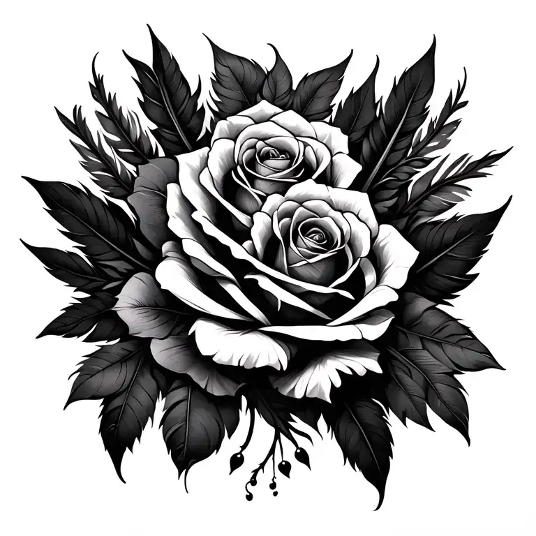 Roses And Feathers Running Between The Shoulder Blades