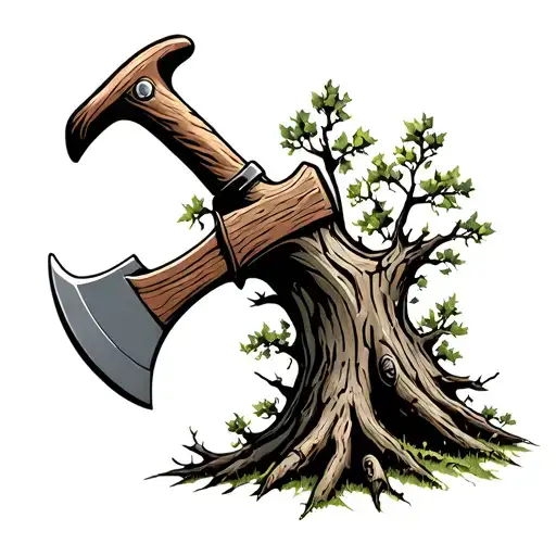 Axehead In Chopped Down Tree Trunk But Axe Handle Is Growing Into A Tree