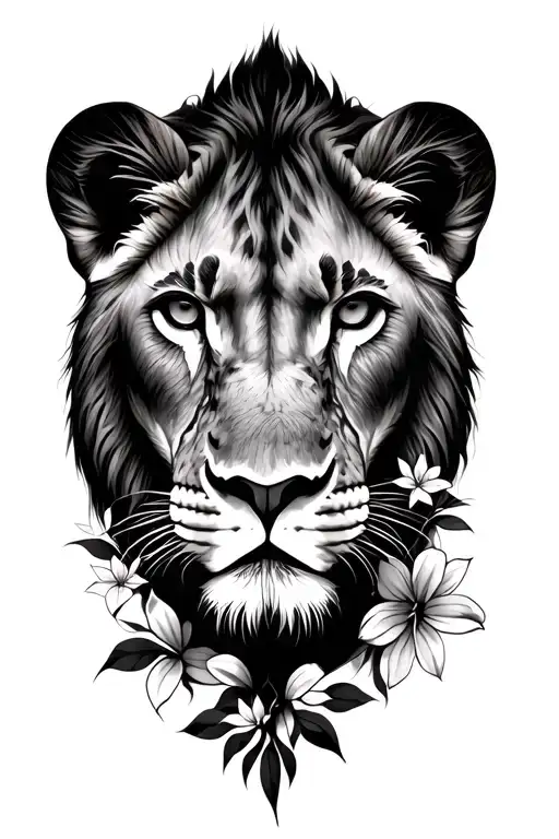 Lioness Half Face With Fine Line Flowers