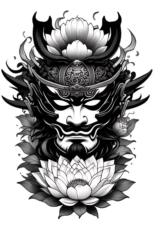 Samurai Mask Surround By Lotus And Hannya Mask With Chrysanthemum
