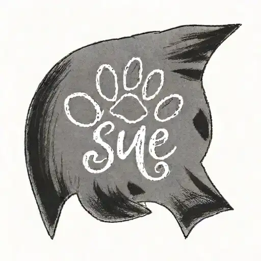 Pawprint With 'Sue' In Cursive Under It