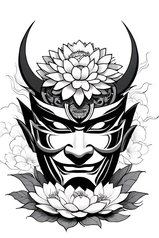 Samurai Mask Surround By Lotus Next To It A Hannya Mask With Chrysanthemum