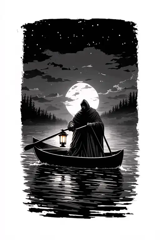 Dark Figure In Cloak Navigating Away In Rowing Boat While Holding Dim Lantern