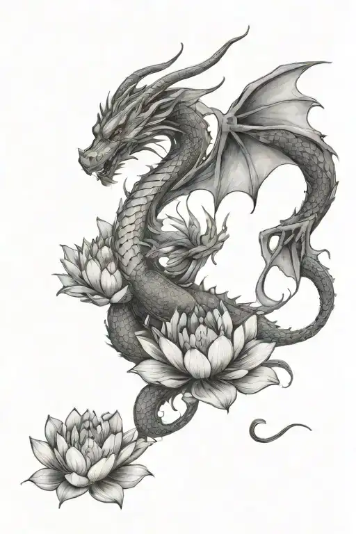 Dragon Coming Out Of Lotus Flower Blooming With A Girl With Angel Wings