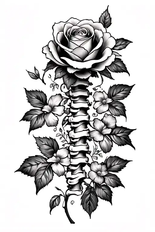 Spine Tattoo With Rose At The Top Of Spine And A Stalk With Other Flowers Going Down My Spine
