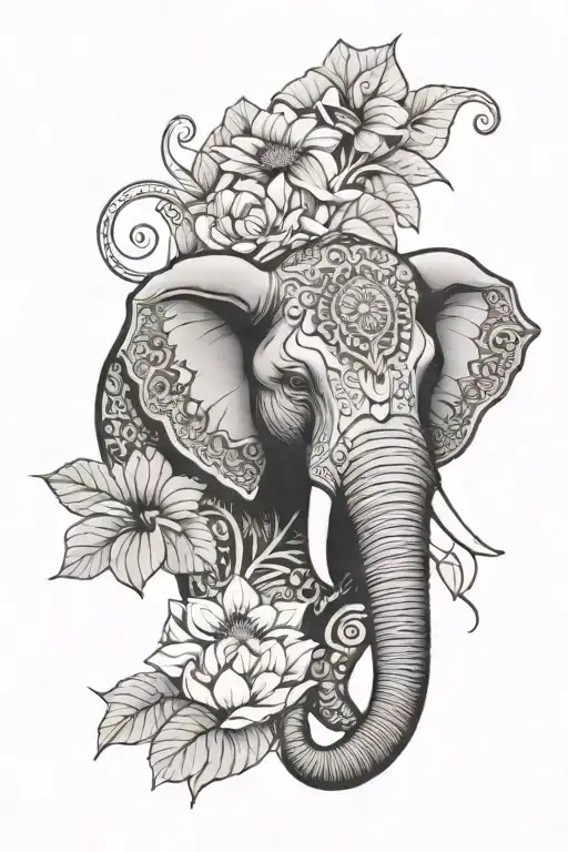 Elephant Head With Mandela Design With Lotus Flower And Lotus Leaves
