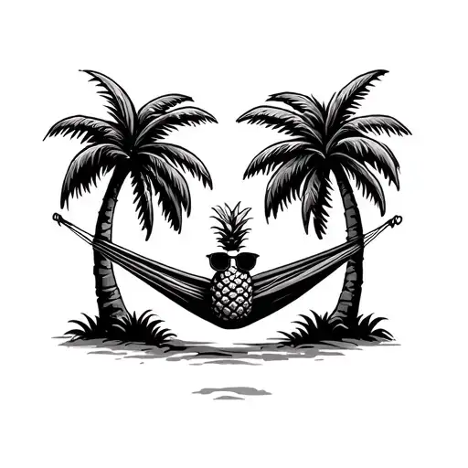 Pineapple Wearing Sunglasses Laying In A Hammock Hanging Between Two Palm Trees