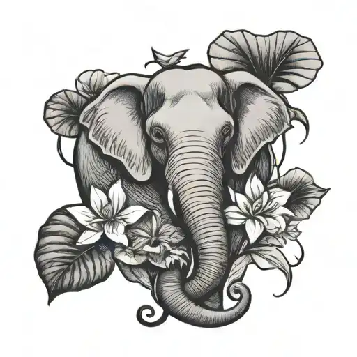 Elephant And Monkey With Lotus Leaves Growing
