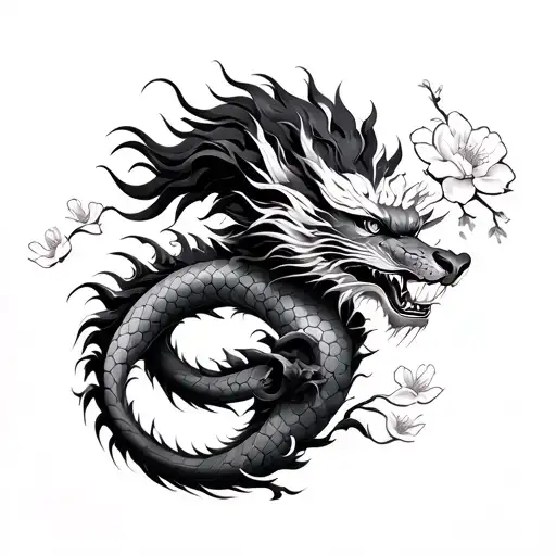 Chinese Dragon And Lion Cherry Blossom
