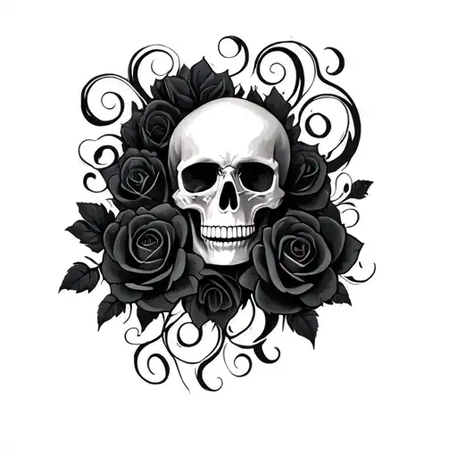 A Gothic Skull Surrounded By Swirling Black Roses