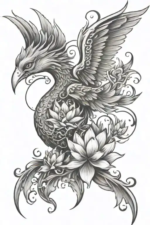 Phoenix With Lotus Flower Intertwined