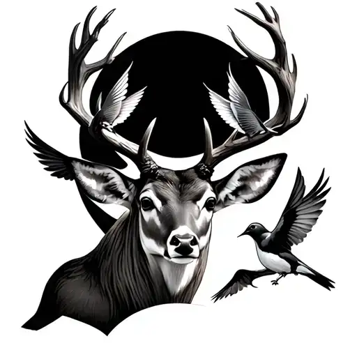 Deer Head With Swallows On Antlers Surrounded