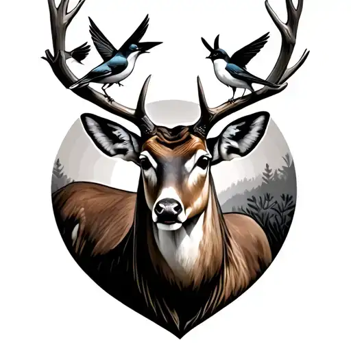 Deer Head With Swallows Sitting On Antlers Use