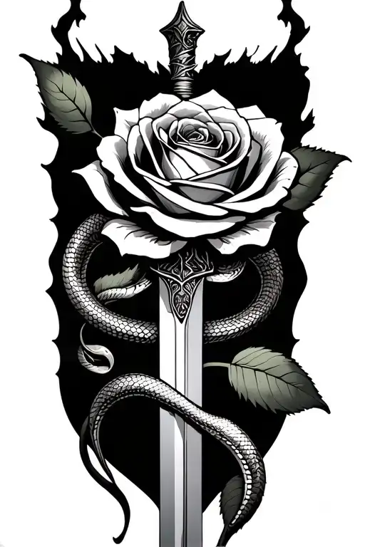 A Sword Going Through A Rose With No Leaves With A Snake Wrapped Around Thats Hurting Itslef