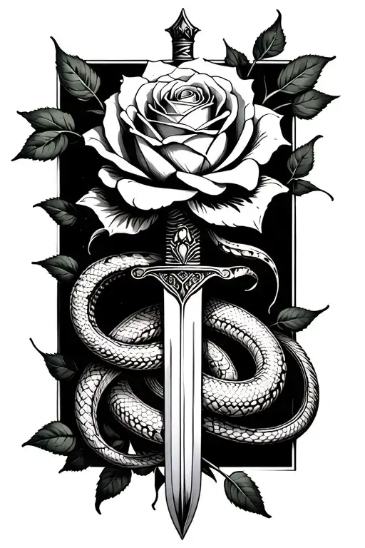 A Sword Going Through A Rose Without Leaves With A Snake Wrapped Around Thats Hurting Itslef