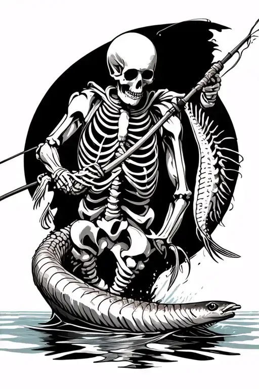 Skeleton Fisherman Reeling An Eel Skeleton