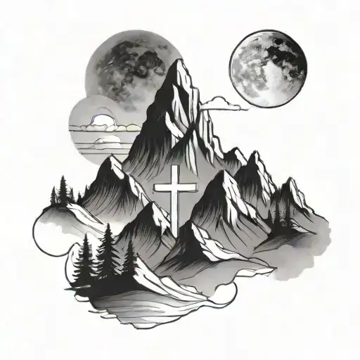 A Dainty Outline Of A Mountain Range With Three Small Crosses At The Base
