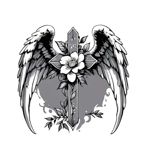 Cross With Angel Wings With Flowers