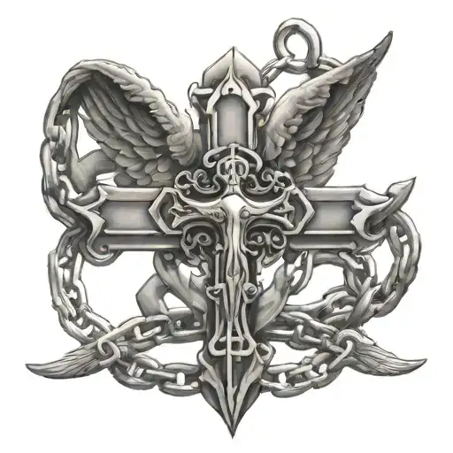 Cross Bound By Chains With Angel Wings