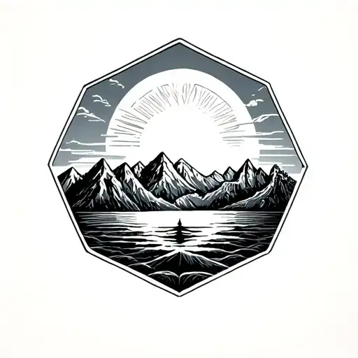 Hexagon With The Sun And Mountains Inside