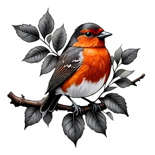 Robin Red Breast Perched On Branch With Leaves And Shading