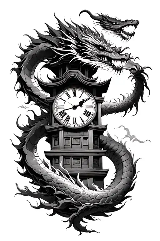 Japanese Dragon Surrounding A Clock Tower