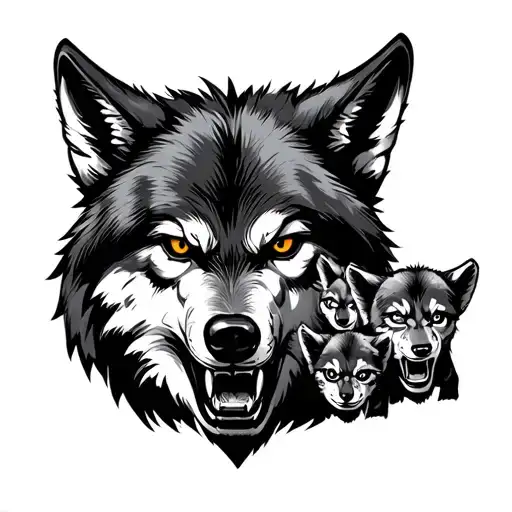 Angry Wolf With 3 Cubs Face Only