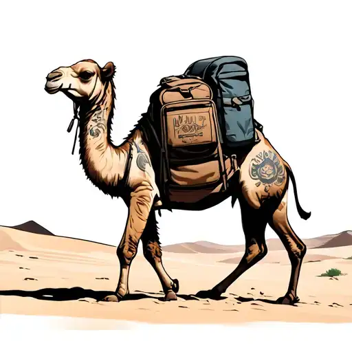 A Camel In The Dessert Wearing A Backpack