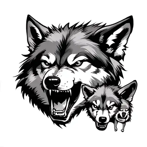 Angry Wolf With 4 Cubs Face Only