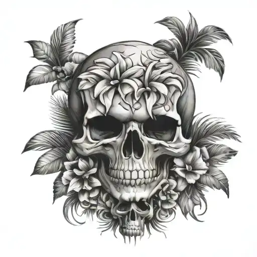Tropical Flowers And Skulls Facing Each Other
