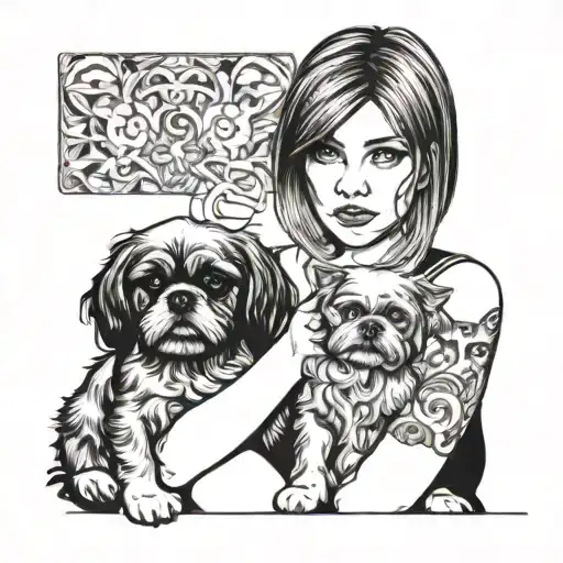 Line Drawing Girl Holding Shihtzu Dog And Cat Sitting