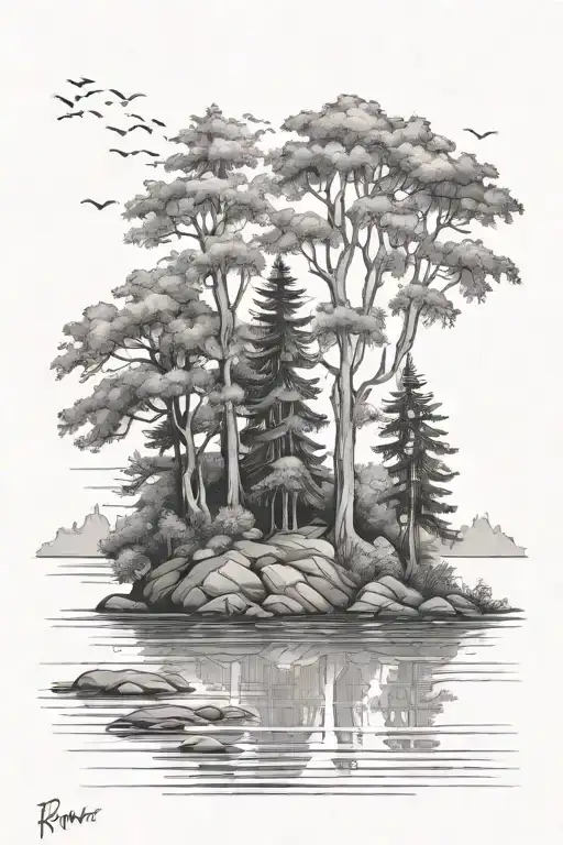 River Lake And Trees Black And White Tattoo Design