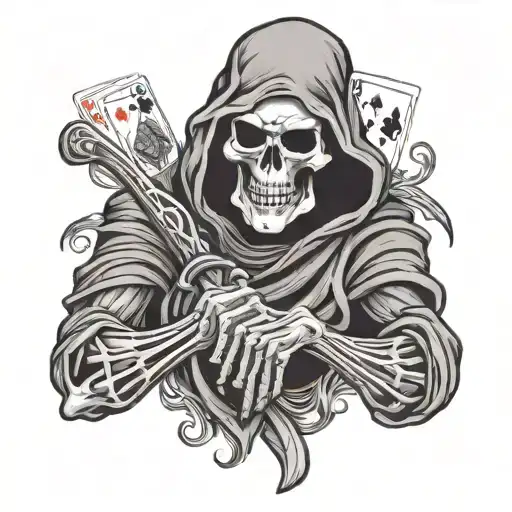 Grim Reaper Holding 4 Playing Cards In A Bony Hand With Scyth Behind Himself