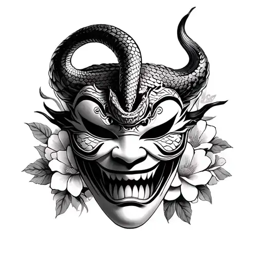 Hannya Mask With Snake And Japanese Flowers