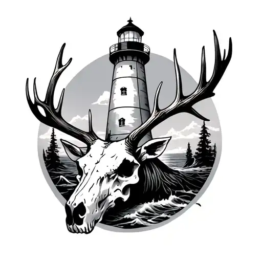 Lighthouse With Elk Skull With Antlers