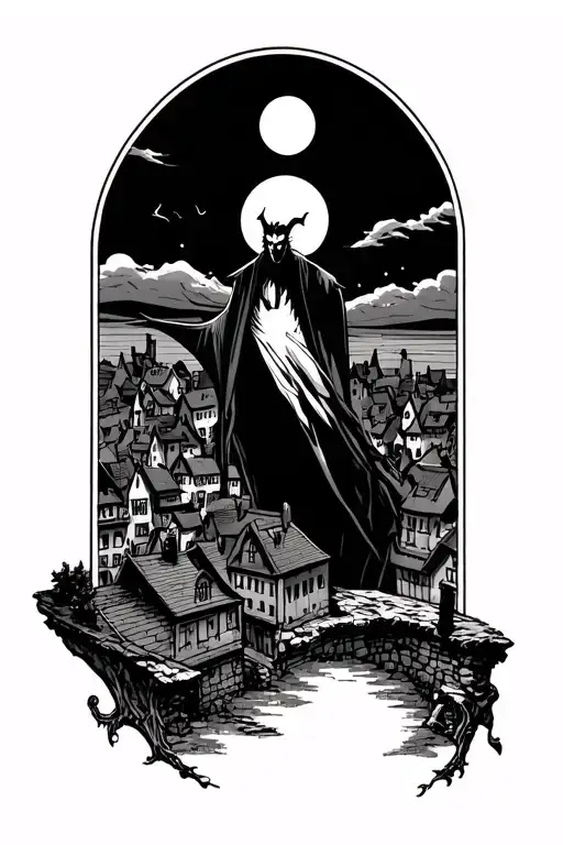 Dracula Overlooking A Town With Moon In The Bac Ground