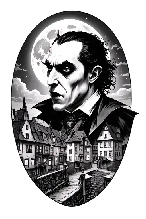 Realism Portrait Dracula Overlooking A Town With Moon In The Bac Ground
