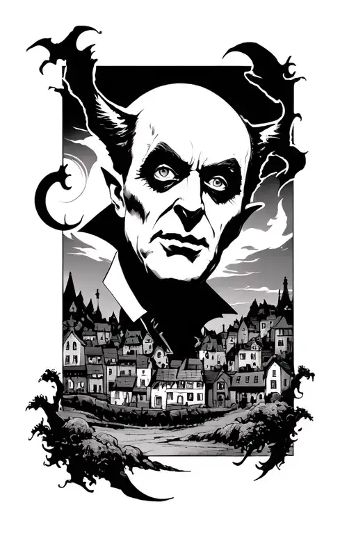 Realism Portrait Dracula Overlooking A Town With Moon In The Bac Ground