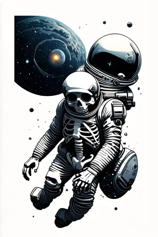 Skeleton Astronaut Floating In Space With Cosmic Background
