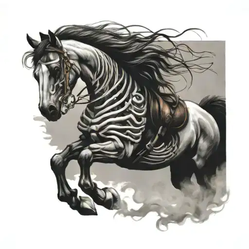 Blackwork Skeleton On Horse Galloping