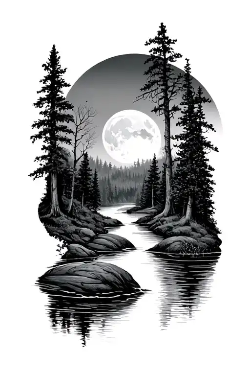 River In The Woods With Moon Overlooking
