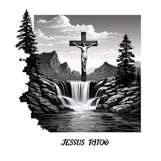 Mountains Waterfall Jesus Christ Cross