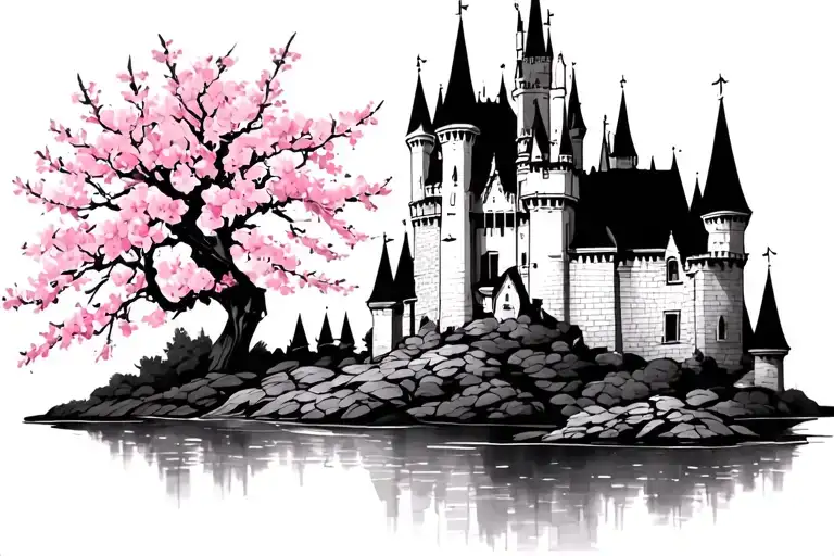 Disney Castle Silhouette And Cherry Blossom Tattoo Design