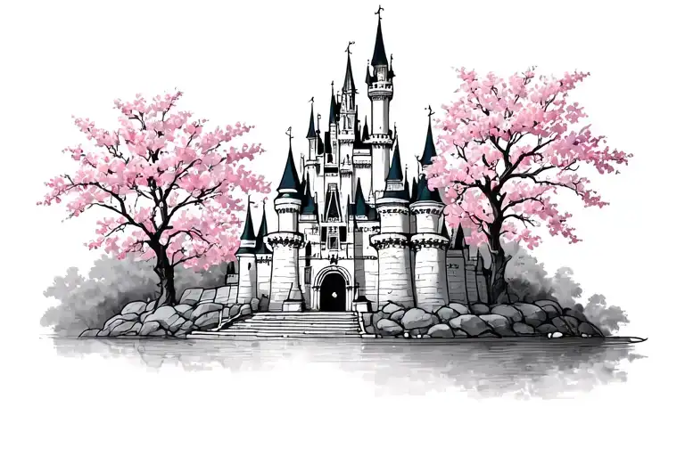 Disney Castle Outline With Cherry Blossom