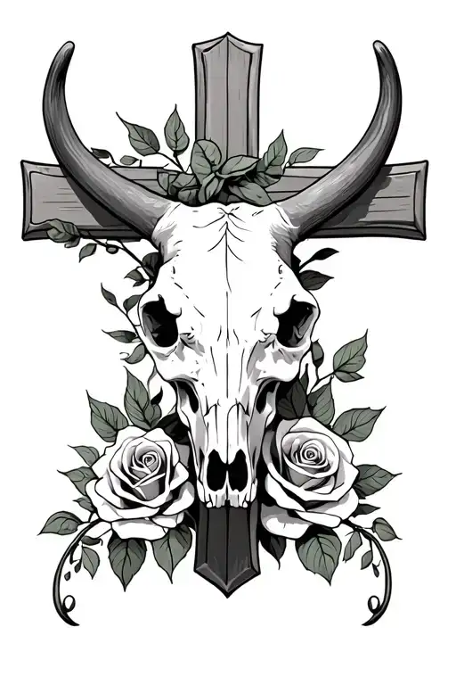 Cow Skull On Cross With Rosses Surrounding