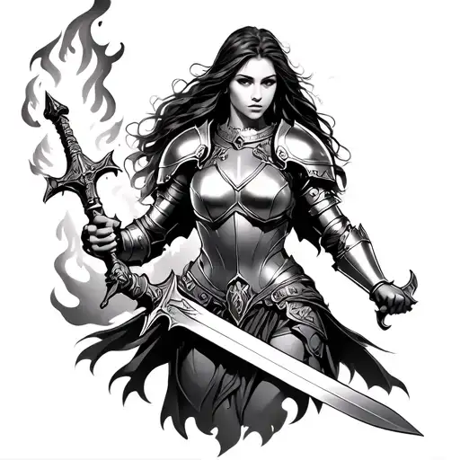 Female Armor Of God With Flaming Sword In Battle