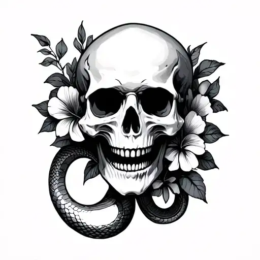 Skull With Vampire Teeth Snake Flowers
