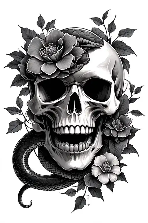 Skull With Vampire Teeth Snake Flowers Intertwined