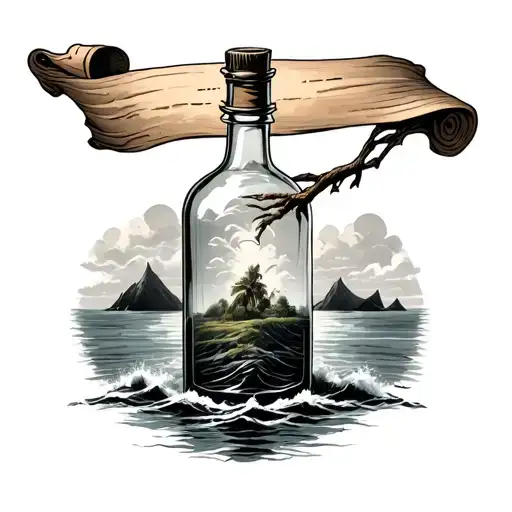 Message In A Bottle With Island And Sos Scroll